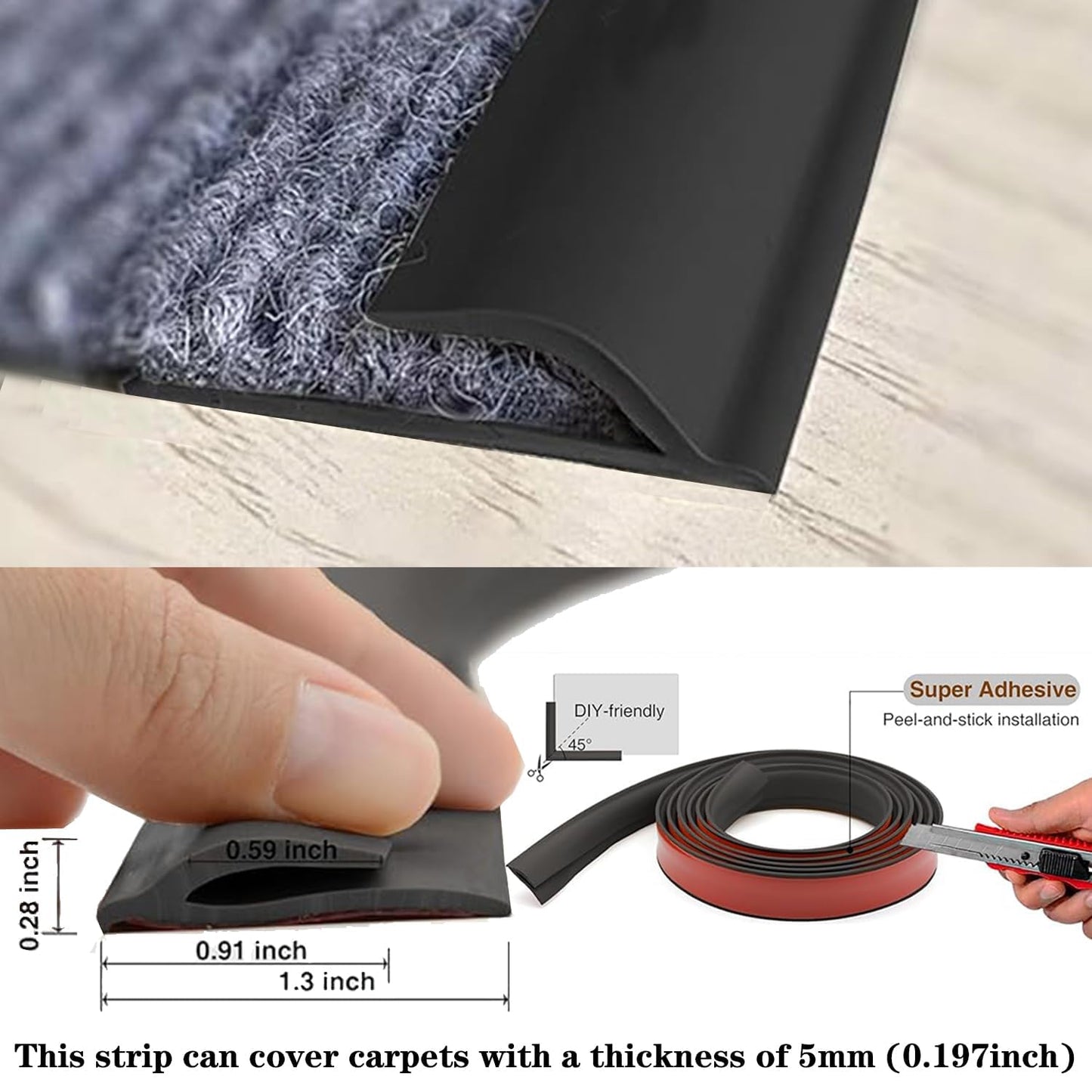 Self Adhesive Carpet Transition Strip with Edge Trim, Designed for Seamless Transitions from Carpet to Tile or Vinyl Floors, Perfect for Doorways.(Black,10ft)