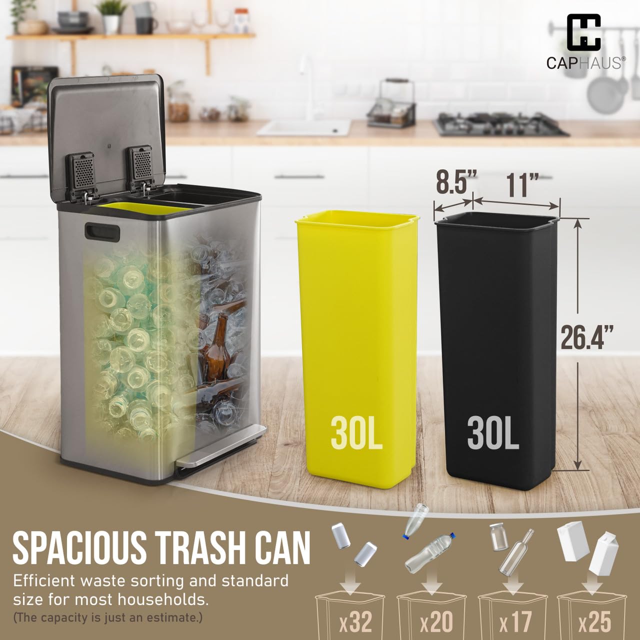 CAPHAUS Black Dual Trash Can w/Single Lid, Trash & Recycle Bins Combo, Hands-Free Stainless-Steel Garbage Can for Kitchen, with 2 Compartment, Hinged Lid, Odor Filters, Handles, 30L+30L, 2 x 8 Gal