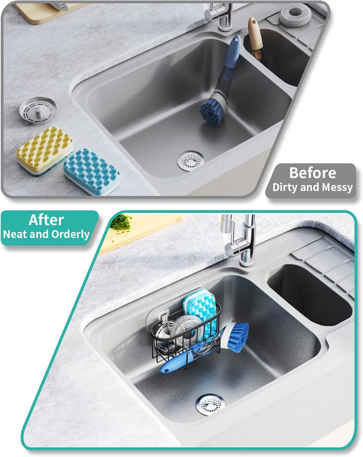 HapiRm Multifunctional Sponge Holder with Unique M-Shaped, 2 Installation Methods Kitchen Sink Caddy Organizer, Rustproof Stainless Steel Sponge Caddy for Brush, Sink Stopper and Scraper -Black
