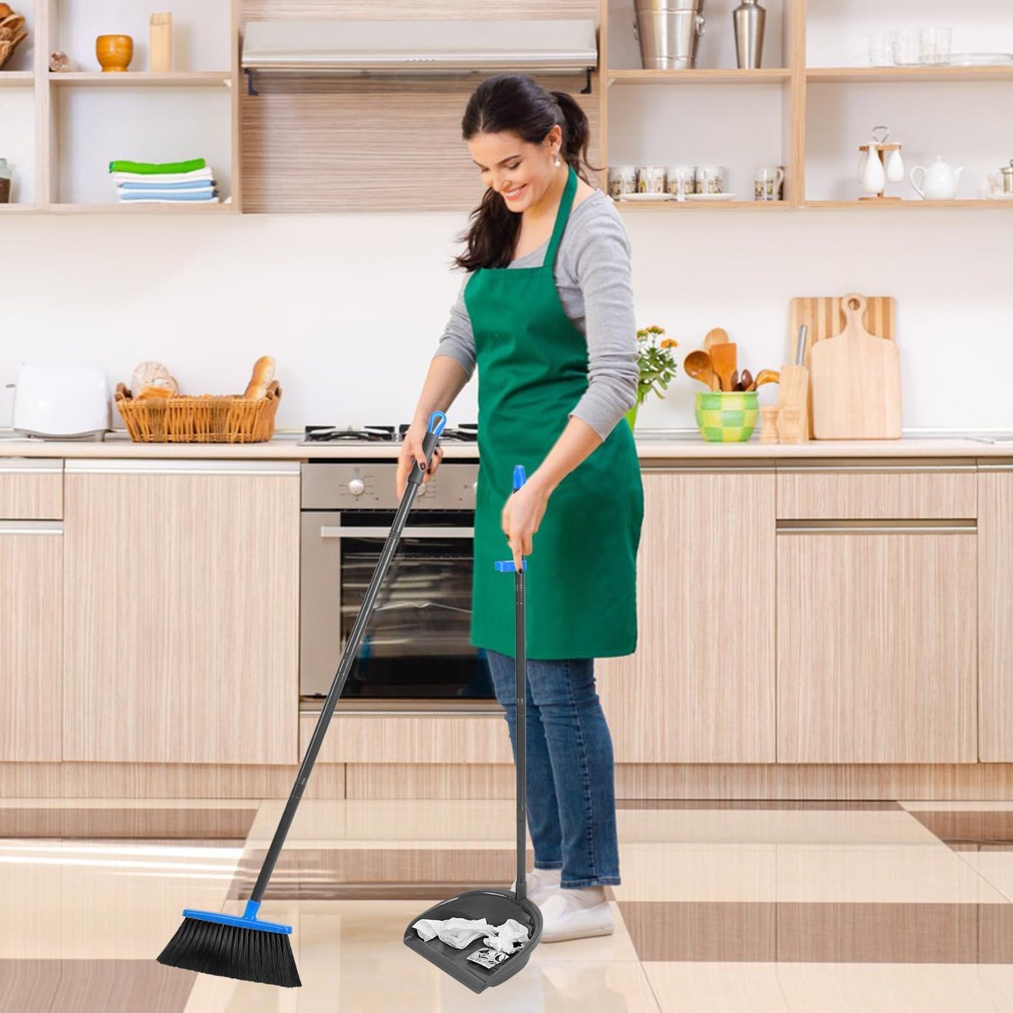 Broom and Dustpan Set ，Long Handle Broom with Upright Standing Dust pan for Indoor Outdoor Home Kitchen Office Floor Cleaning