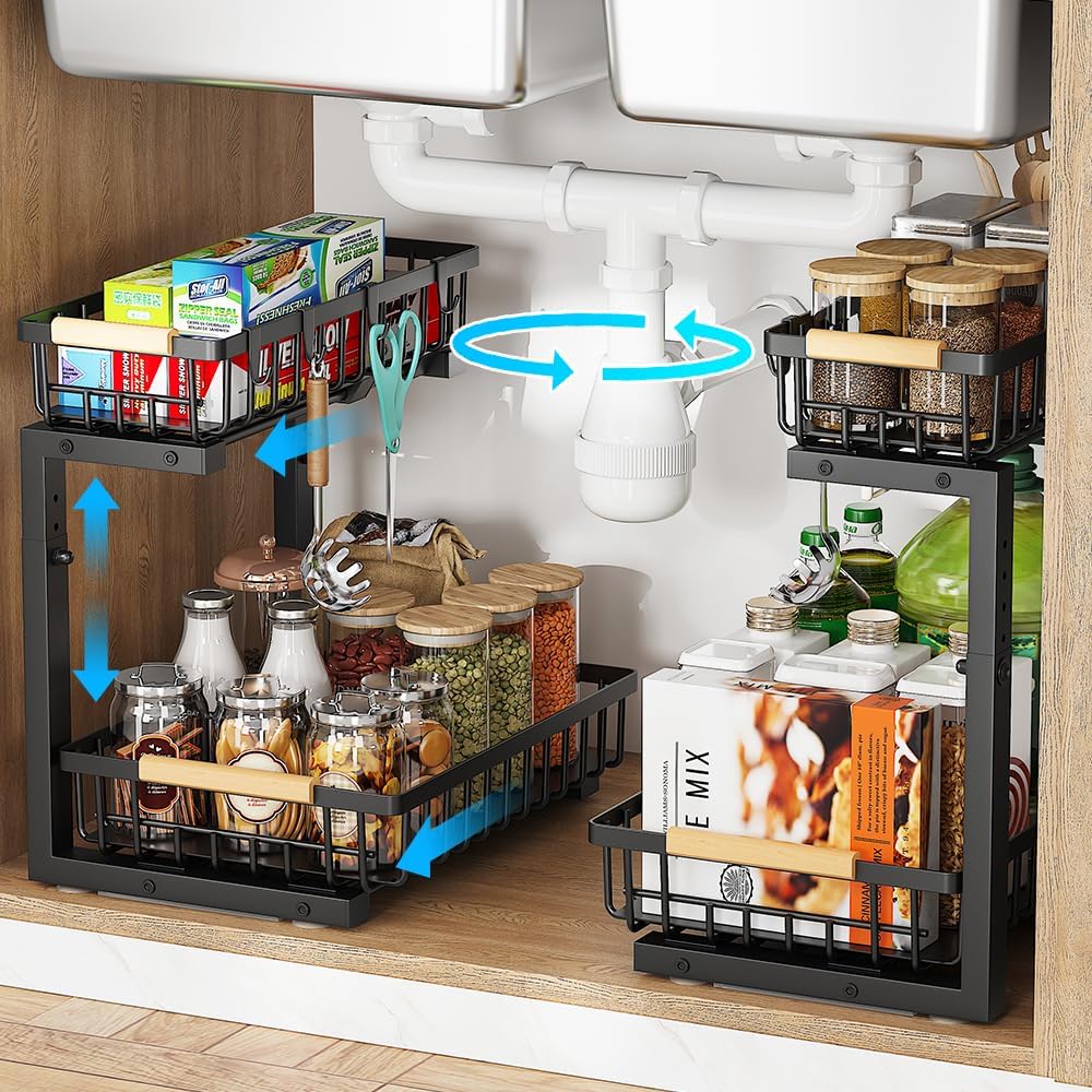Under Sink Organizer, 2 Tier Under Sink Organizers and Storage, Metal Slide out Pull out Cabinet Organizer,Sliding Drawer Organizer for Kitchen Bathroom Pantry Closet