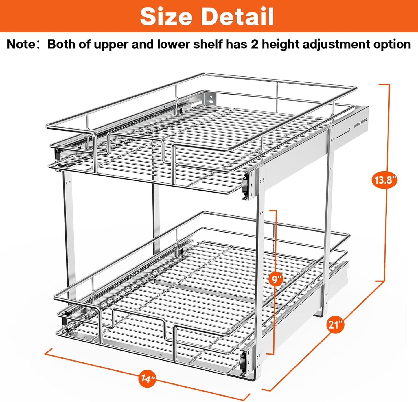 ROOMTEC Individual Pull Out Cabinet Organizer (14" W x 21" D), 2 Tier Spice Rack Organizer for Cabinet, Slide Out Drawer Pantry Shelf Organization and Storage for Kitchen Bathroom