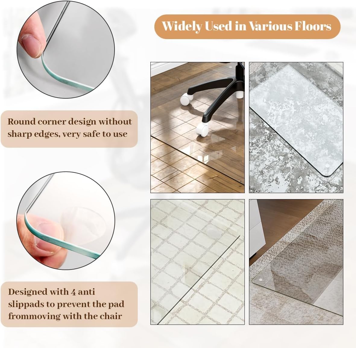 Tempered Glass Floor Mat for Office Chair, 36" x 46" Heavy Duty Hard Office Chair Mat, for Carpeted or Hard Floor, with 4 Anti-Slip Pads, Transparent