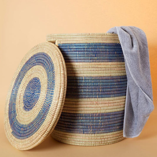 Storage & Organization - Basket, Laundry Hamper, Nursery Toys Bin, Living Room Blankets Storage, Decorative, Wicker, Woven, Sturdy, Round, Handles, Navy Blue, Large