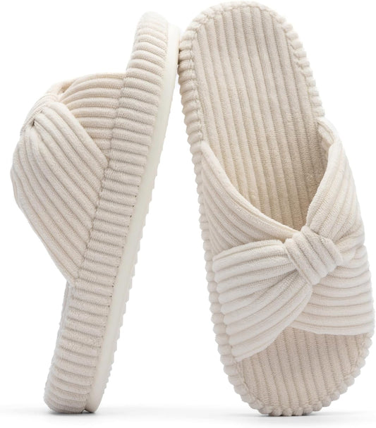 Chantomoo Slippers for Women Memory Foam House Bedroom Corduroy Bow Crossbands Slide Slipper Shoes Comfy Trendy Gift Slippers