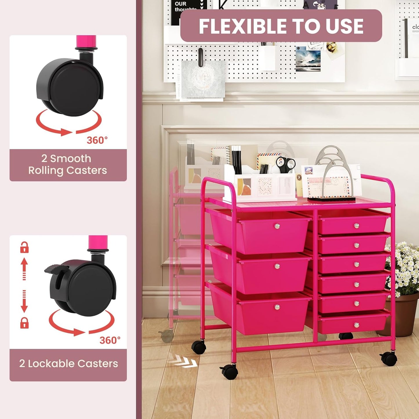 GOFLAME 9-Drawer Rolling Storage Cart, Mobile Utility Cart with Removable Drawers & Metal Frame, Art Craft Organizer Cart with Lockable Wheels, Storage Drawer Cart for Home Office School, Hot Pink
