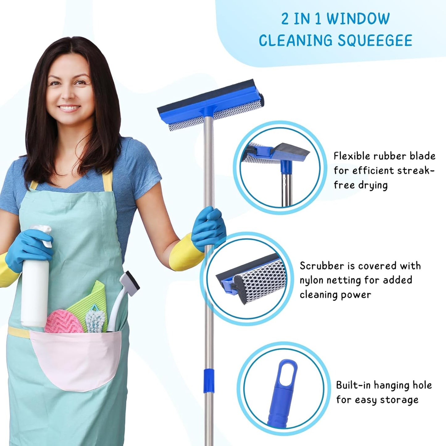 Window Squeegee for Home, 56'' Long Handle Shower Door Cleaner Tool, 2-in-1 Glass Scrubber for Car Windshield Cleaning