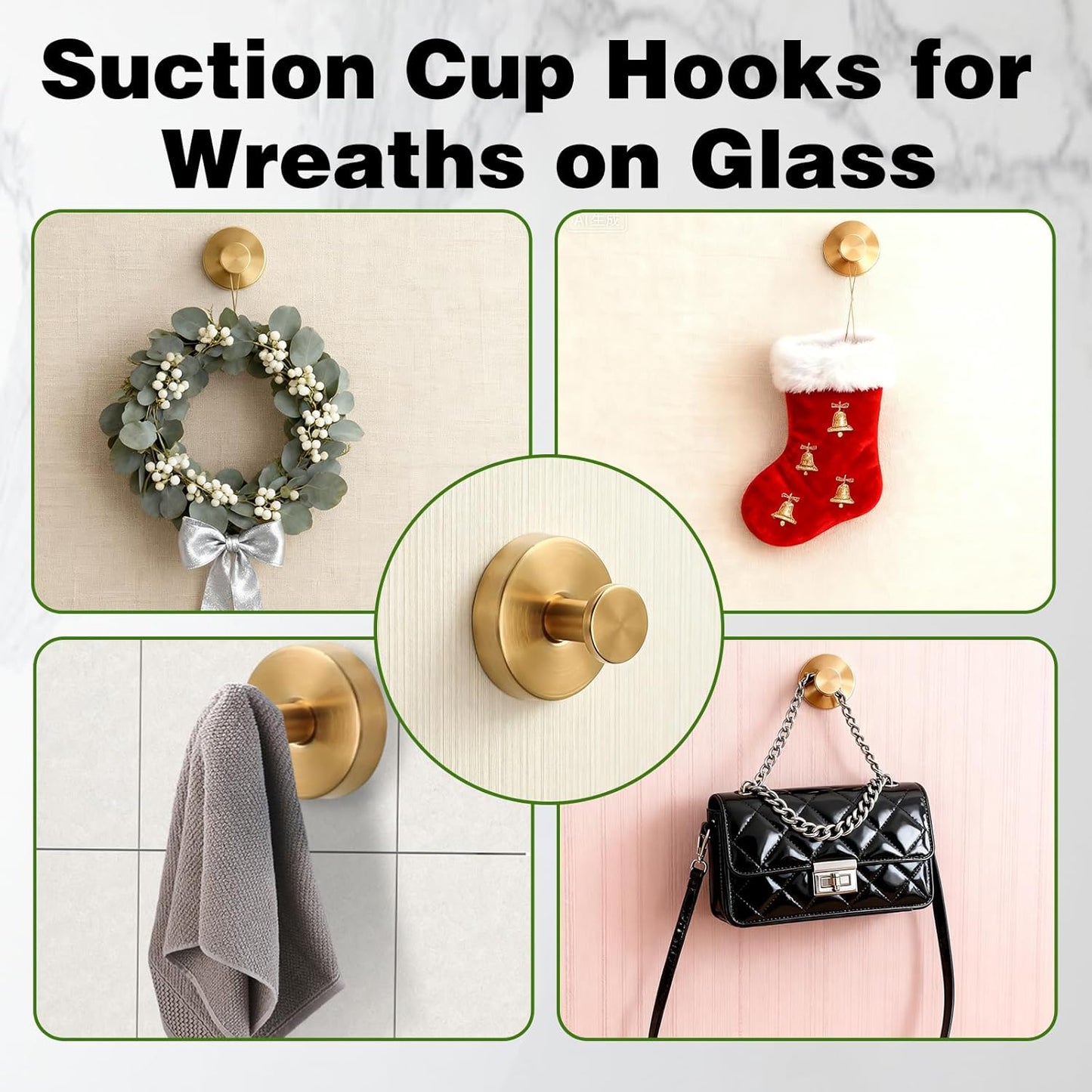 Suction Cup Hooks for Wreaths on Glass, 2025 New No Drill Suction Cup Hooks (4PCS-Gold)