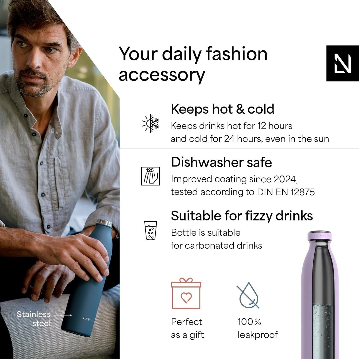 LARS NYSØM Stainless Steel Insulated Water Bottle 12oz 17oz 25oz 34oz 51oz | Insulated Thermo Flask for Hot and Cold Beverages | Leakproof Drinking Bottle (Lavender Purple, 33.9oz)