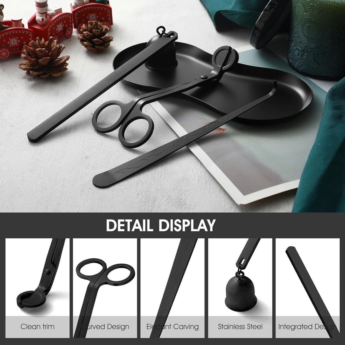 PATOISE 3 in 1 Candle Accessory Set, Candle Wick Trimmer Cutter, Candle Snuffer Mini, Candle Wick Dipper in Gift Package for Candle Aromatherapy Lovers(3PCS Black)