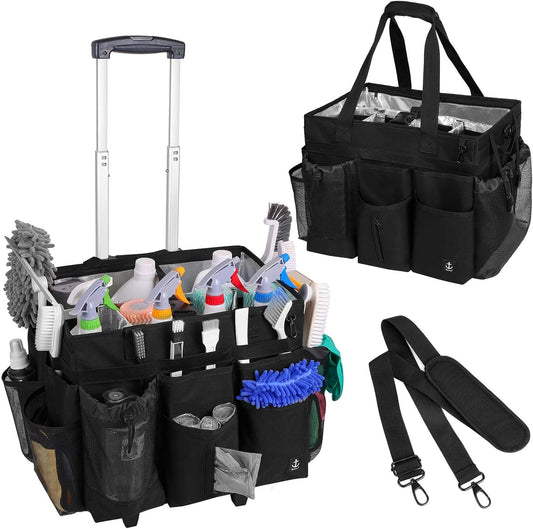 Extra Large Rolling Cleaning Caddy Bag with Detachable, Foldable Trolley Portable Cleaning Cart for Housekeeping Cleaning Caddy with Adjustable Shoulder Strap and Multiple Storage Pockets