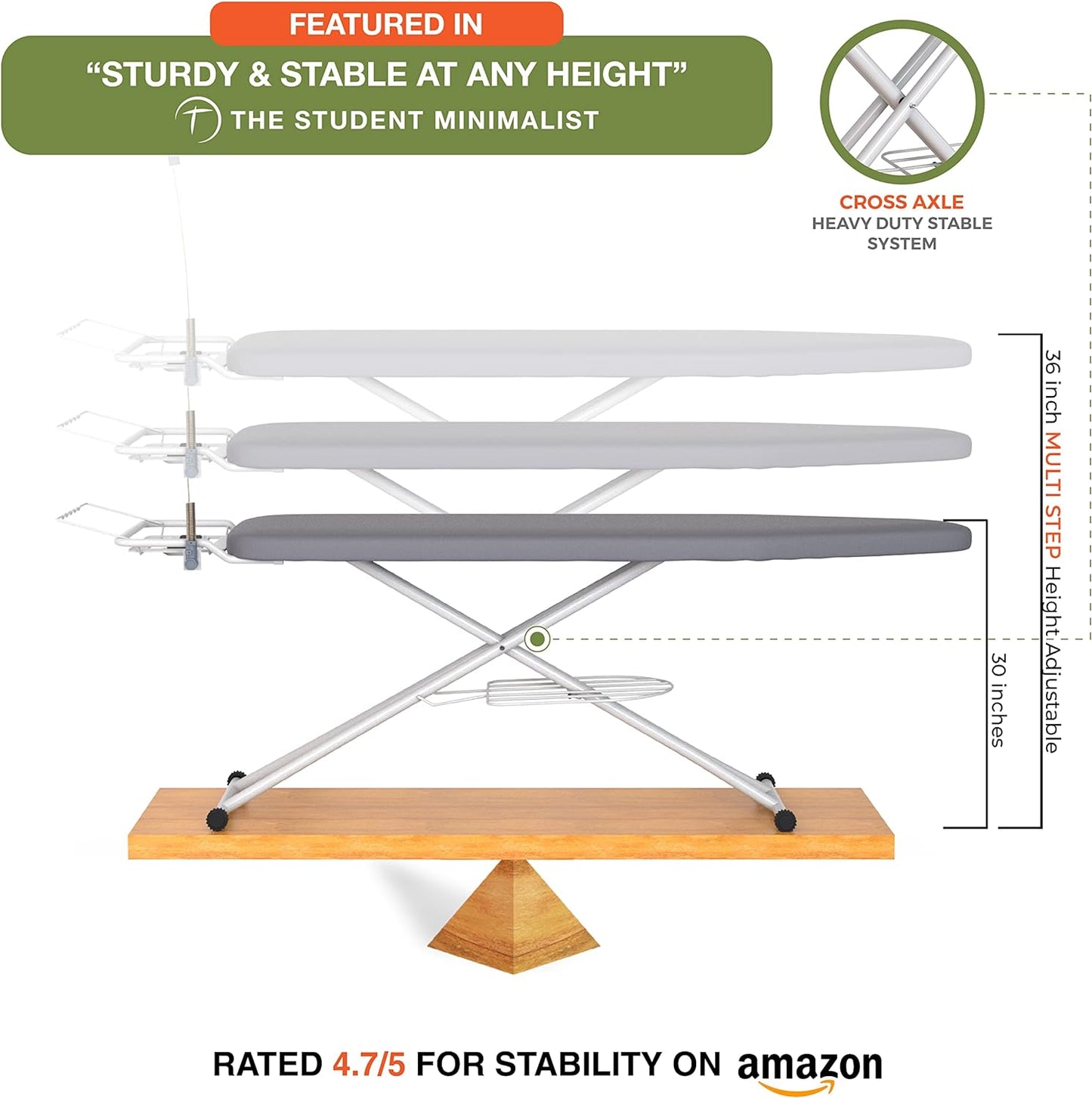 Xabitat Full Size Ironing Board 57" X 15" with Wall Mount Hanger, Full Metal Construction Iron Board, Built in Iron Caddy, Heat & Scorch Resistant Fabric, Cord Holder, Anti-Skid Feet, Heavy Duty