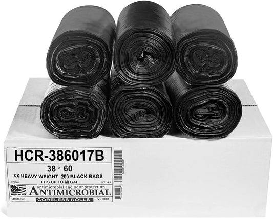 Aluf Plastics High Density Trash Bags, 60 Gallon, 200 Count, 17 Micron (eq), 38" x 60", Black, for Bathroom, Office, Industrial, Commercial, Janitorial, Municipal, Recycling