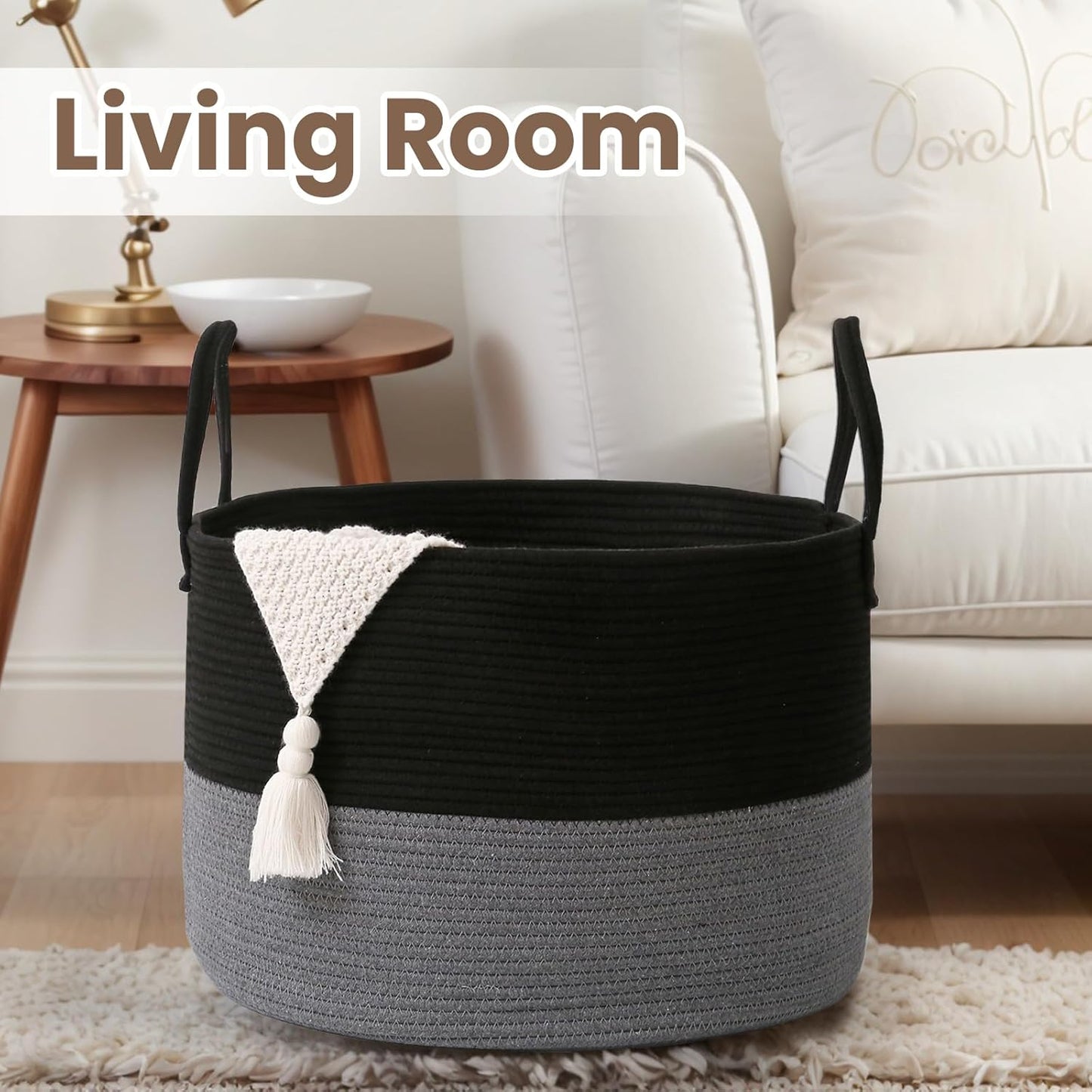 Woven Blanket Basket,65L Large Rope Storage Bin with Handles, Organizer for Blankets Toys Book and Clothes, Laundry Basket for Living Room Bedroom Nursery,Black&Grey