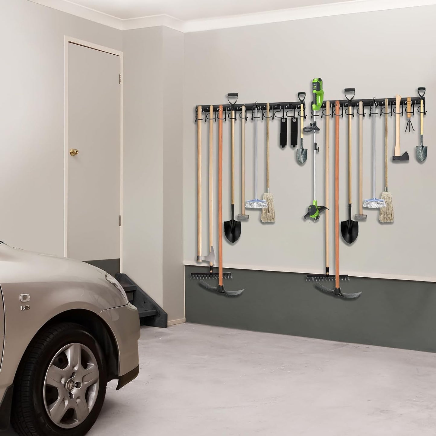 LEYU Metal Garage Tool Organizer Wall Mount, 2 Pack Garden Tool Organizer With Extension Cord Straps, Garage Organization Hooks and Hangers for Shed, Yard Storage, Wall Holder for Hanging Broom Mop