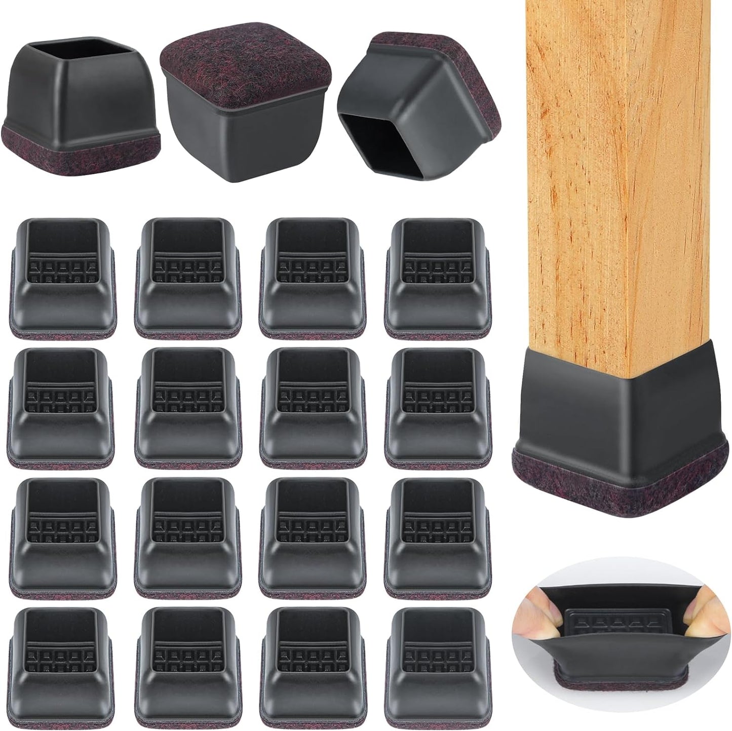 32 Pcs Chair Leg Floor Protectors Square, Silicone Chair Leg Protectors for Hardwood Floors, Chair Leg Caps Covers Protect Wooden Floors from Scratching, Thick, Won't Tear (Fit: 1-1/10" - 1-3/10")