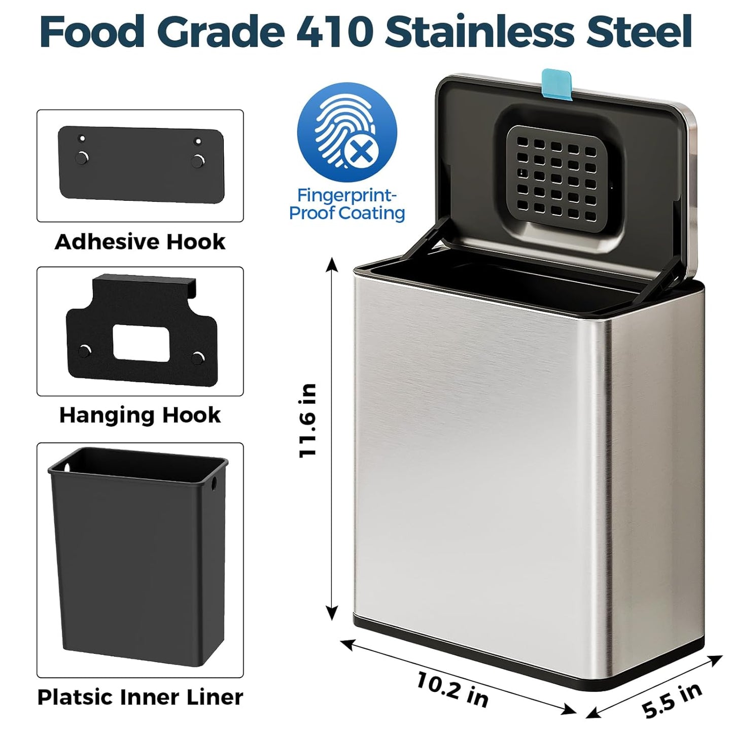 Stainless Steel Hanging Trash Can with Lid and Inner Bucket, 2 Gallon Kitchen Compost Bin for Counter Top, Under Sink or Wall Mount, Small Garbage Can for Cupboard/Bathroom/Bedroom/RV
