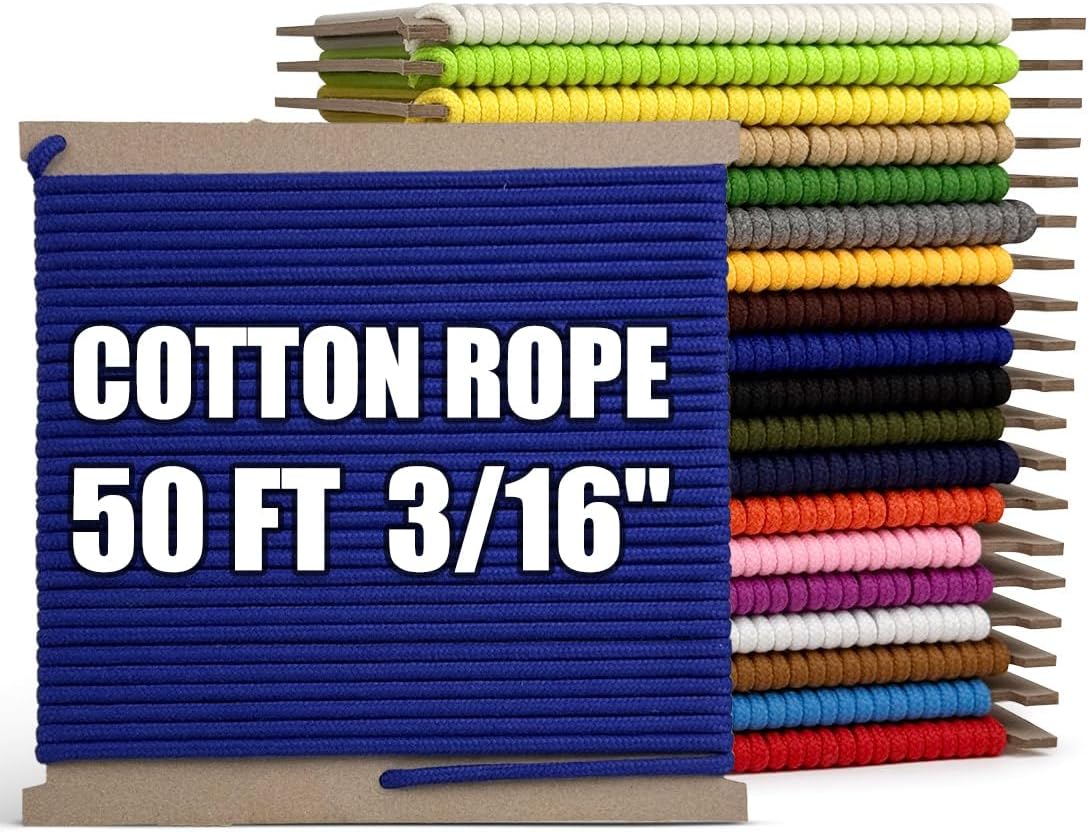 PerkHomy 500lb Cotton Rope 3/16" (5mm) 50 ft Multi Purpose Utility Diamond Braided Cord, Natural Cotton for Clothes Line Camping Crafting Flag Pole, Blue