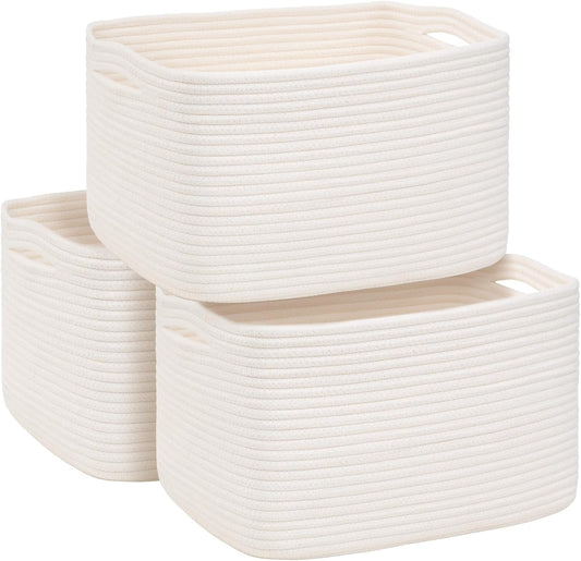 3-Pack Shelf Baskets for Organizing, Woven Storage Basket for Shelves, Cotton Rope Storage Bins for Toys Books, Nursery Towel Baskets for Classroom, 14.96"X9.8"X8.85", White