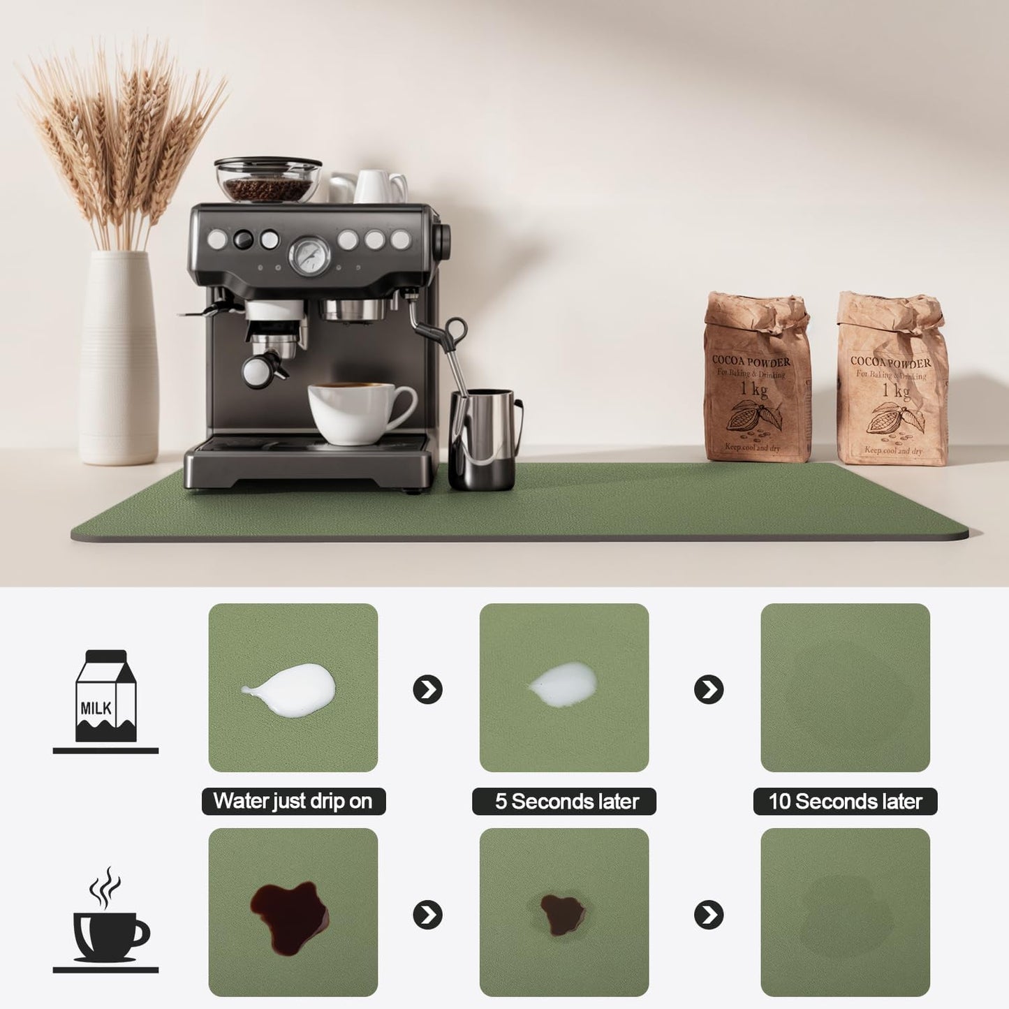 Dish Drying Mat for Kitchen Counter | Coffee Bar Mat for Countertops | Heat Resistant Drainer Mat with Non-slip Rubber Backed | Hide Stain Kitchen Absorbent Draining Mat | Green 18"x28"