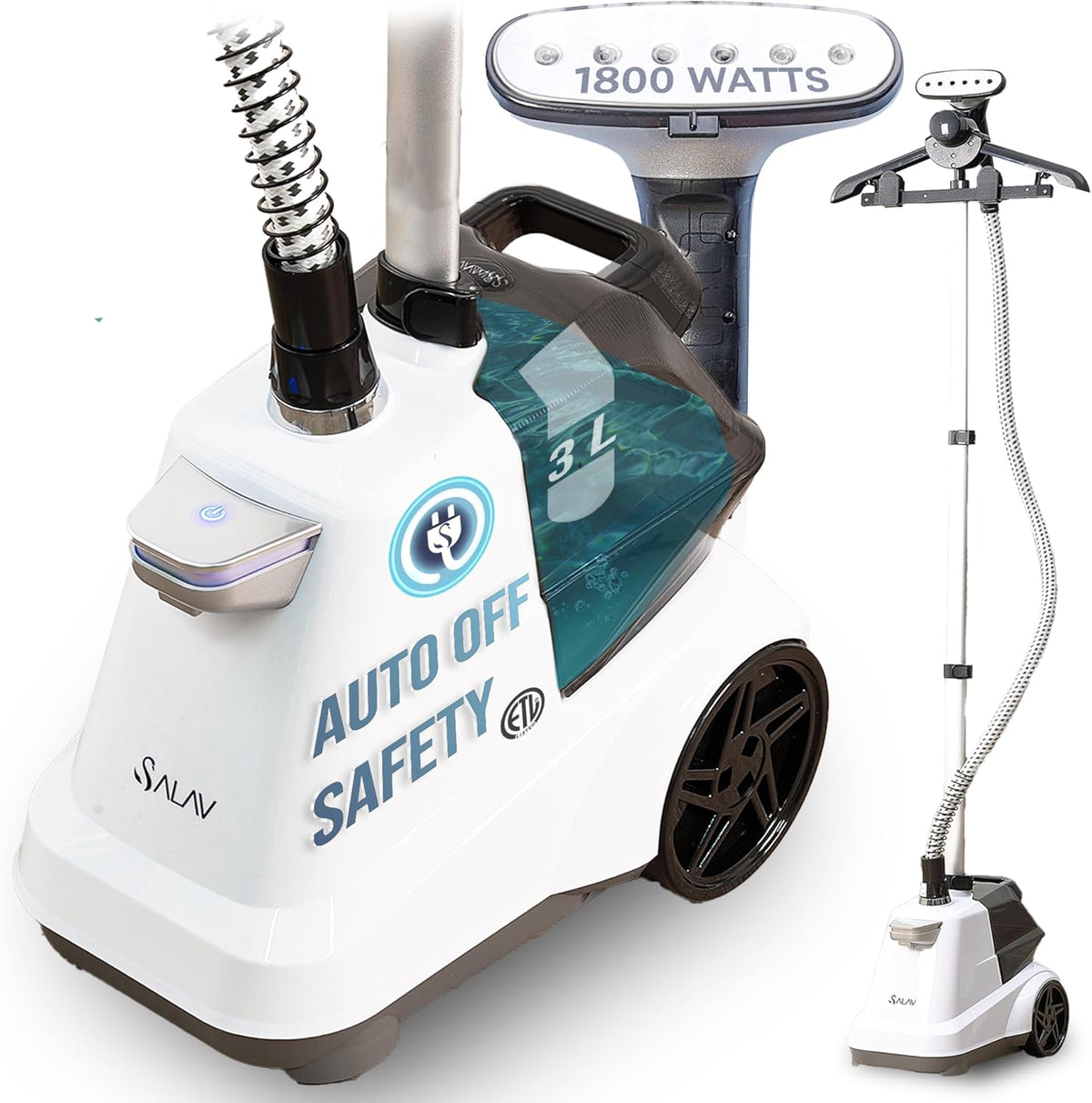SALAV® Heavy Duty Smart Auto Shut-off Commercial Full-Size Garment Steamer, Beeping Alert when Water Runs out, Foot Pedal Control, XL 3L (101.5 oz) Tank, 1800 watts, 90+min of Continuous Steam, White