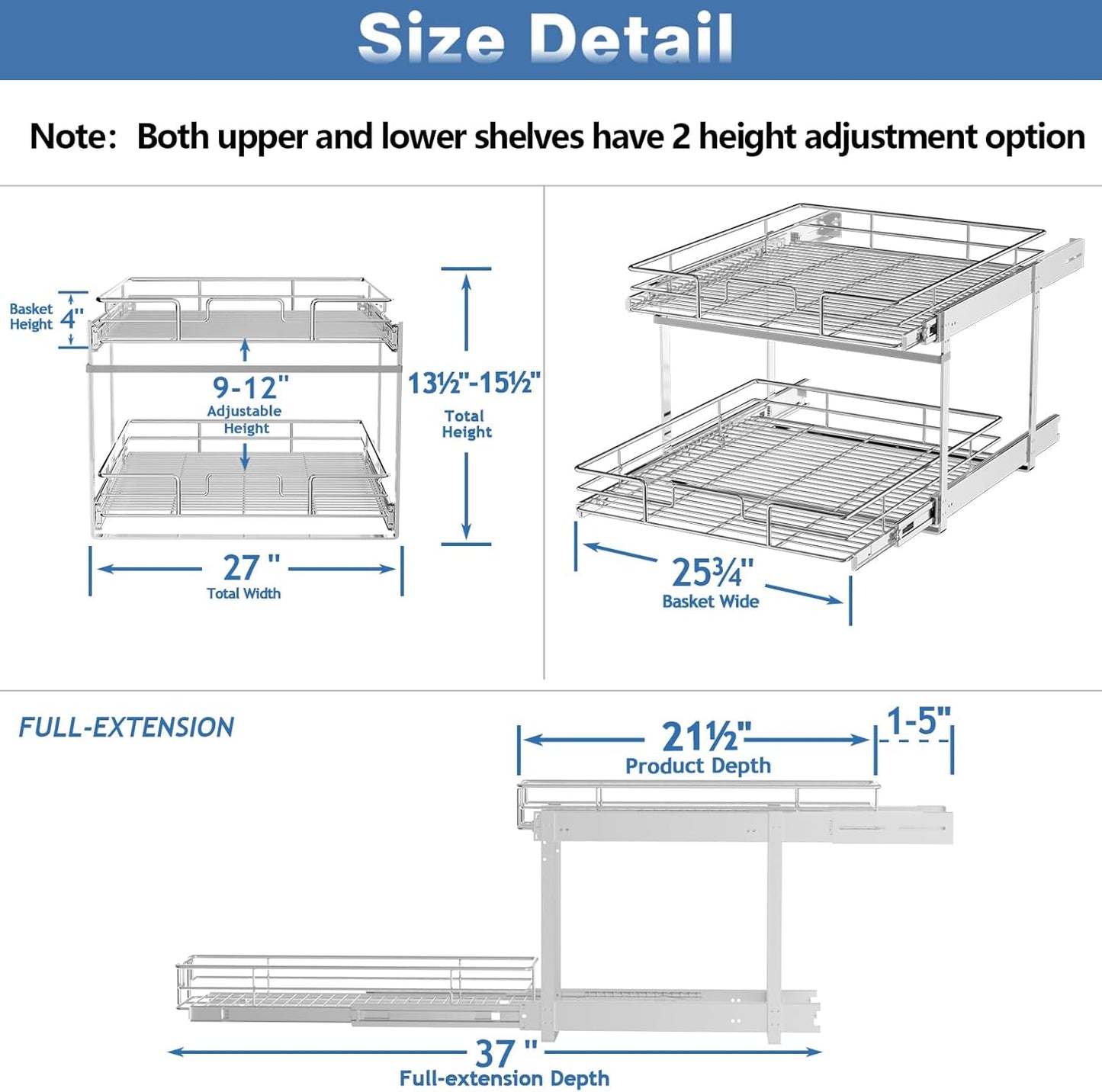 ROOMTEC Individual Pull Out Cabinet Organizer (27" W x 21½" D), 2 Tier Spice Rack Organizer for Cabinet, Slide Out Drawer Pantry Shelf Organization and Storage for Kitchen Bathroom