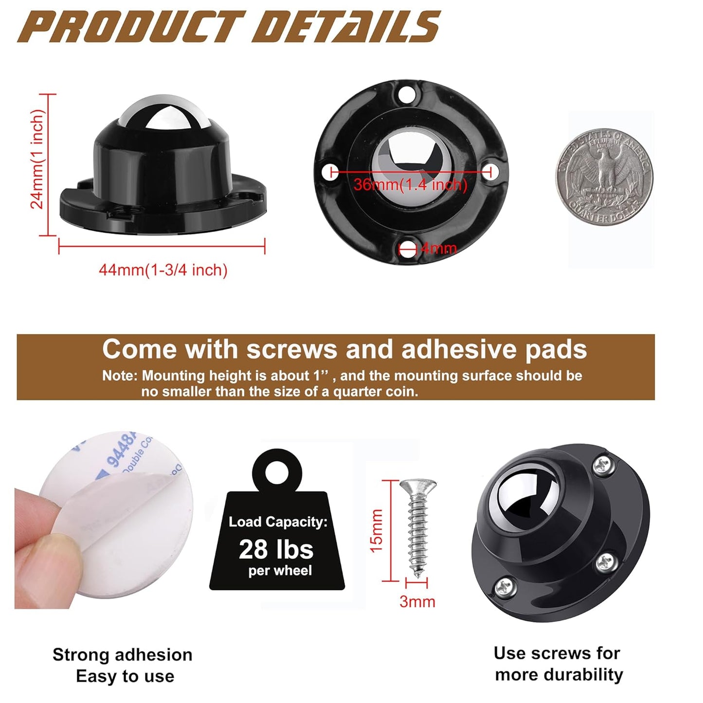 PlusRoc 4 Pack 1 Inch Self Adhesive Paste Caster Wheels for Furniture Kitchen Appliance Rollers, Load Capacity 28LBS Per Wheel, Low Profile Swivel Wheels for Bucket Storage Bins