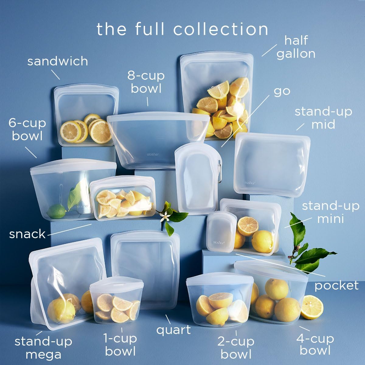 Stasher Premium Silicone Reusable Food Storage Stand-Up Mid Bag, Blue, Microwave, Sous Vide, Dishwasher, Oven and Freezer Safe, BPA Free, Leak-free, Eco-friendly, 56 Oz