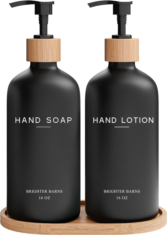 Black Glass Soap and Lotion Dispenser Set with Tray by Brighter Barns - Liquid Hand Soap Dispenser and Pump - Bamboo Bathroom Accessories & Modern Bathroom Decor (Black)