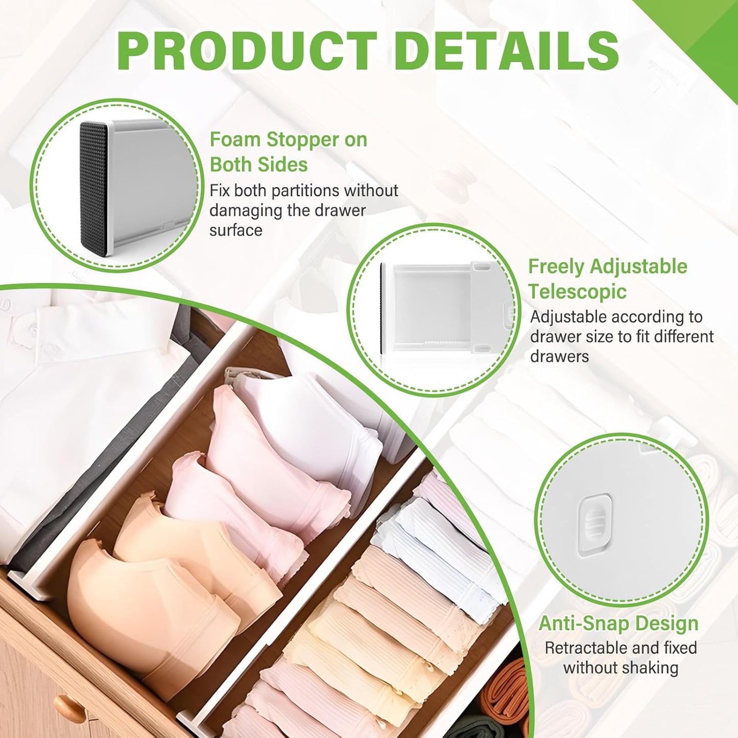 5 Pack Drawer Dividers 3.2" High Slim Organizers Expandable 10.8-17.9" Adjustable Separators for Shallow Drawers Kitchen Utensils Baby Clothes Underwear Storage-White(Short)
