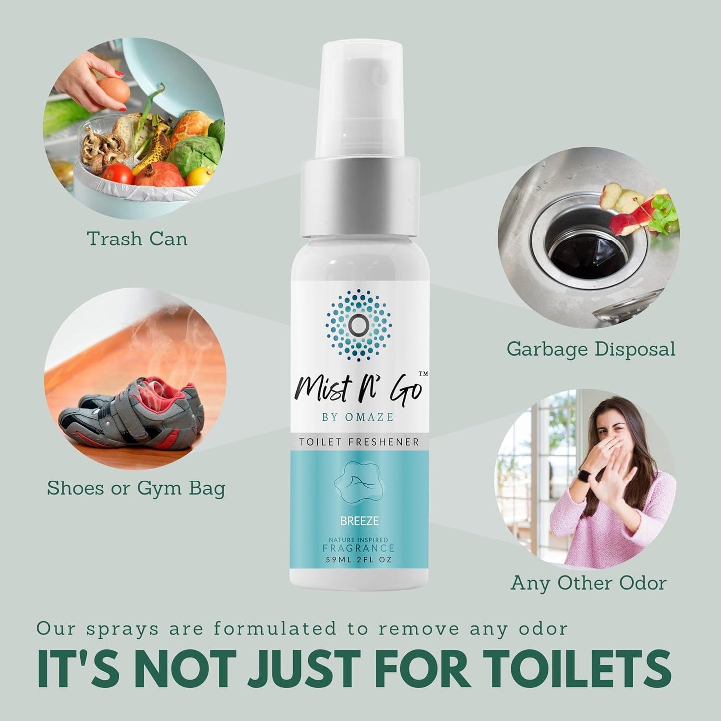 Mist N' Go by Omaze Travel Toilet Odor Eliminator - Air Freshener Spray for Bathroom Deodorizer - Mix All, Regular Size (2oz x5)