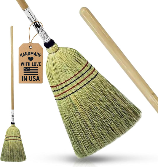 Handmade Amish Corn Broom with Wooden Handle – 57" Heavy Duty Broom for Courtyard, Lobby & Market, 100% Corn Fill Straw Broo'm, 4 Sews Indoor & Outdoor Bristle for Sweeping - Yellow