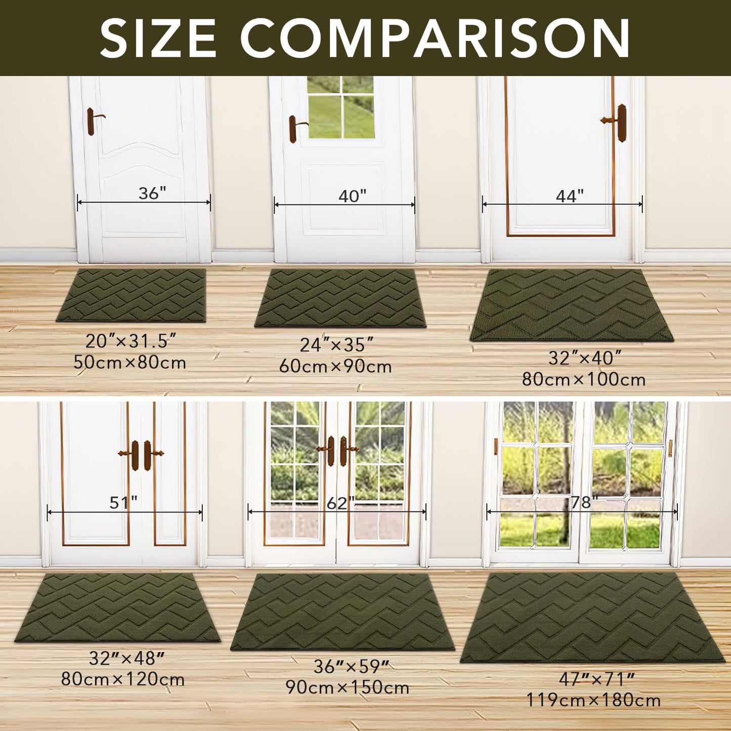 hicorfe Front Door Mat Outside Entrance,36"x59" Absorbent Muddy Dirt Resist Welcome Door Mats Outdoor Indoor,Stain and Fade Resistant,Non Slip Backing Entry Mat Doormat for Entryway(Oliver Green)
