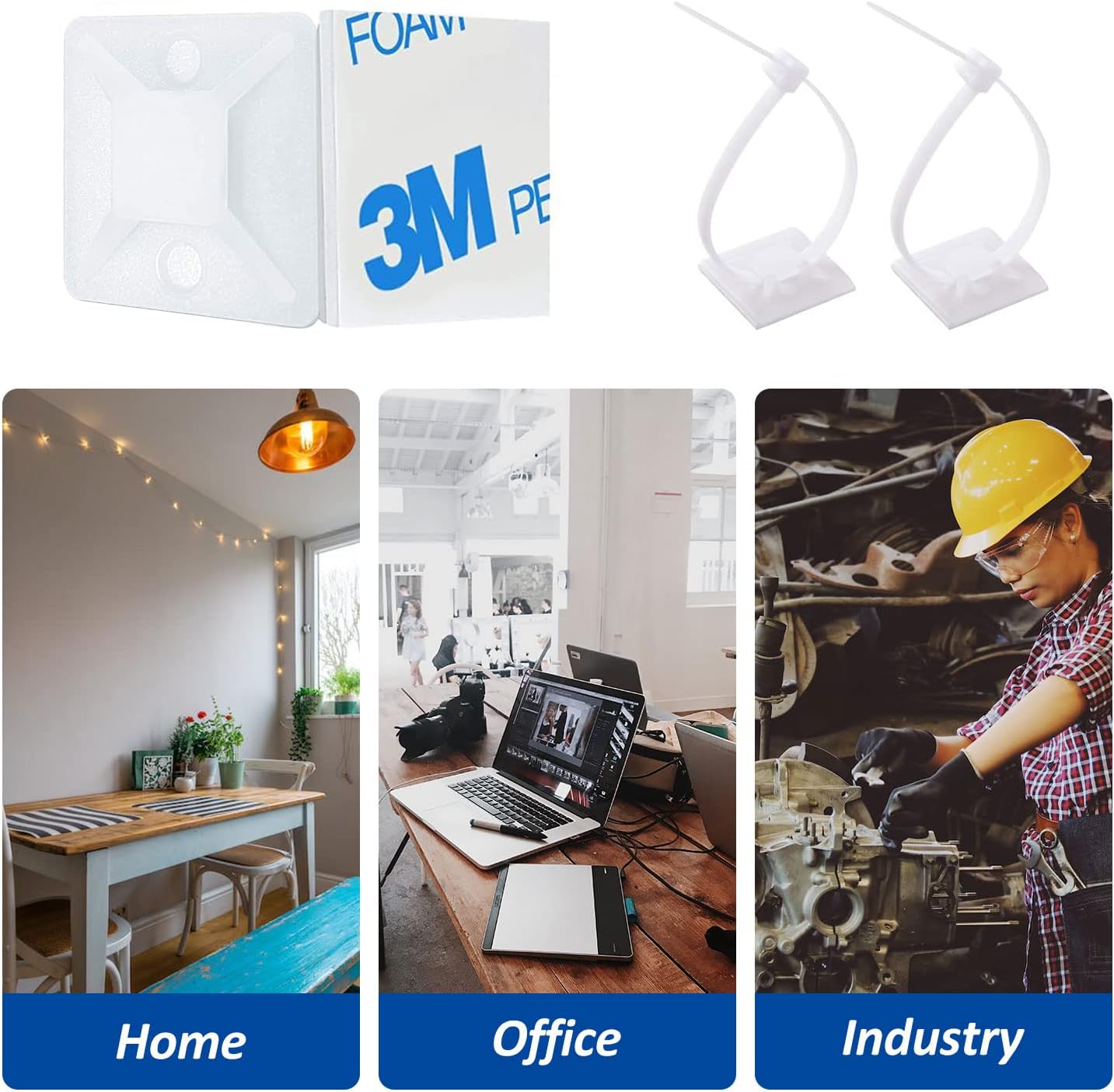 Strong Back-Glue Self Adhesive Cable Zip Tie Mounts Kit - 100 Set Cable Management Clips with 6" Zip Ties, Wire Holders - Outdoor Sticky Wire Organizer Clips - White