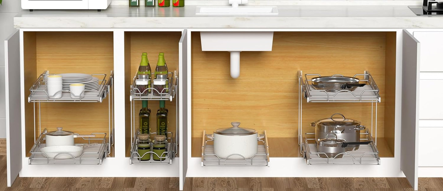 OCG 2 Tier Pull Out Cabinet Organizer (9.5" W x 21" D), Pull Out Drawers for Kitchen Cabinets, Pull Out Shelves for Base Cabinet Organization in Kitchen Bathroom Pantry, Chrome Finish