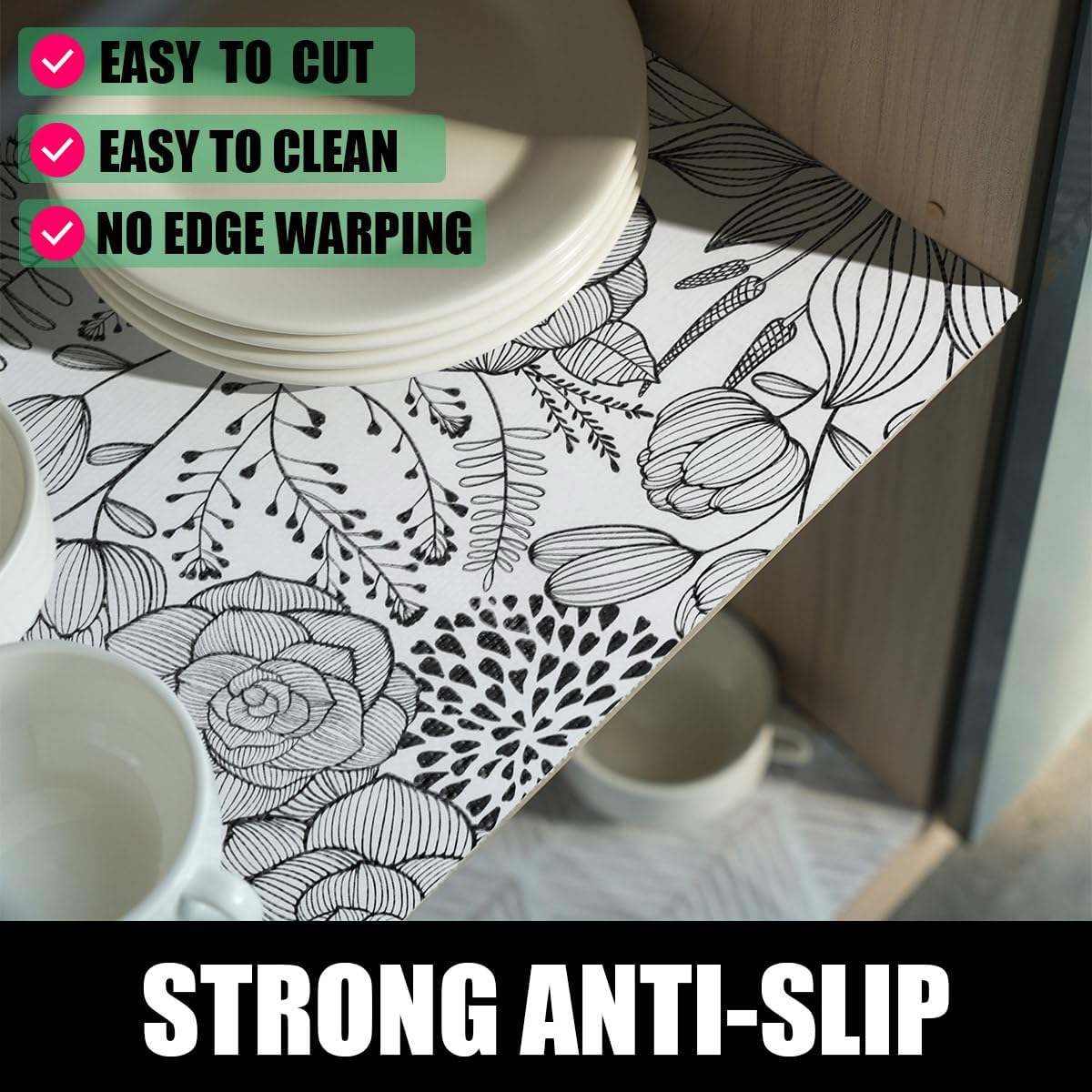 Floral Drawer and Shelf Liner for Kitchen 12IN x 20FT, Non-Adhesive and Strong Non-Slip Cabinet Drawer Liners, Waterproof Thickened Shelf Liner,Easy to Clean,Black and White