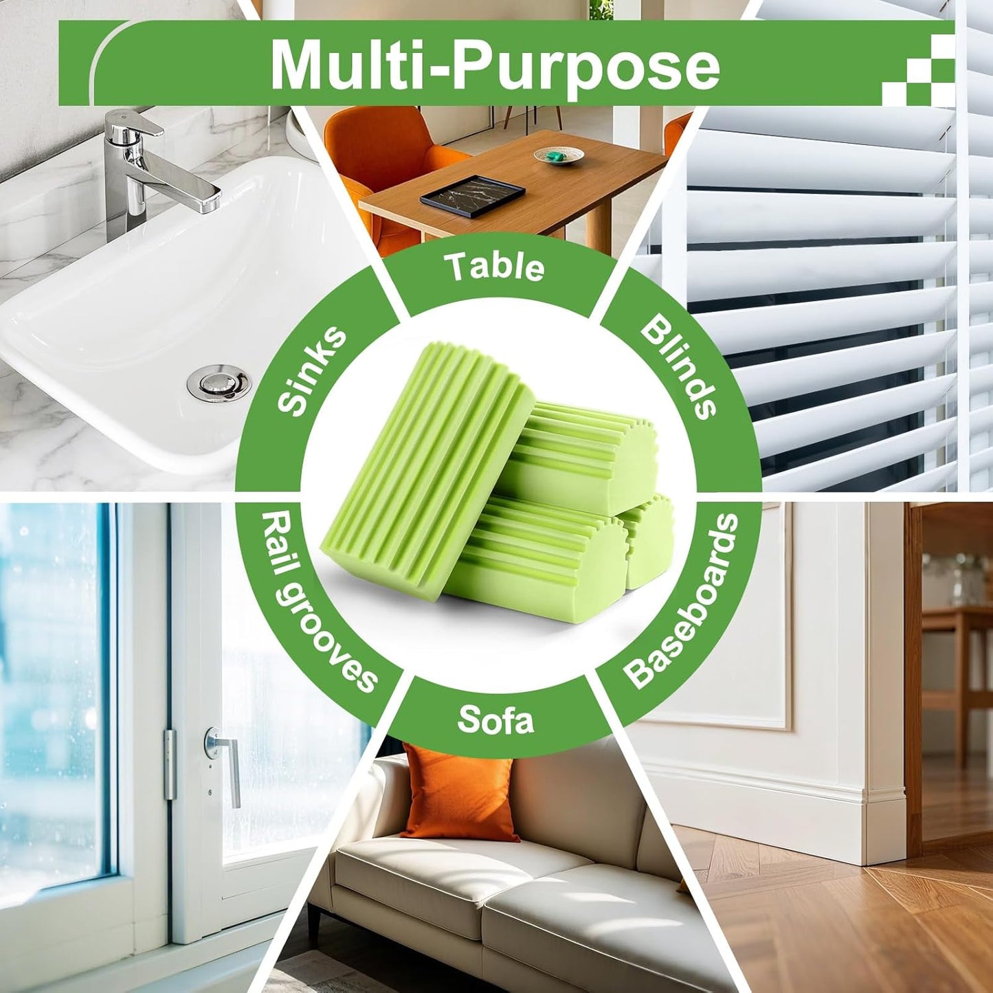 4-Pack Damp Clean Duster Sponge, Sponge Cleaning Brush, Duster for Cleaning Blinds, Glass, Baseboards, Vents, Railings, Mirrors, Window Track Grooves and Faucets Green Non-Scratch Sponges