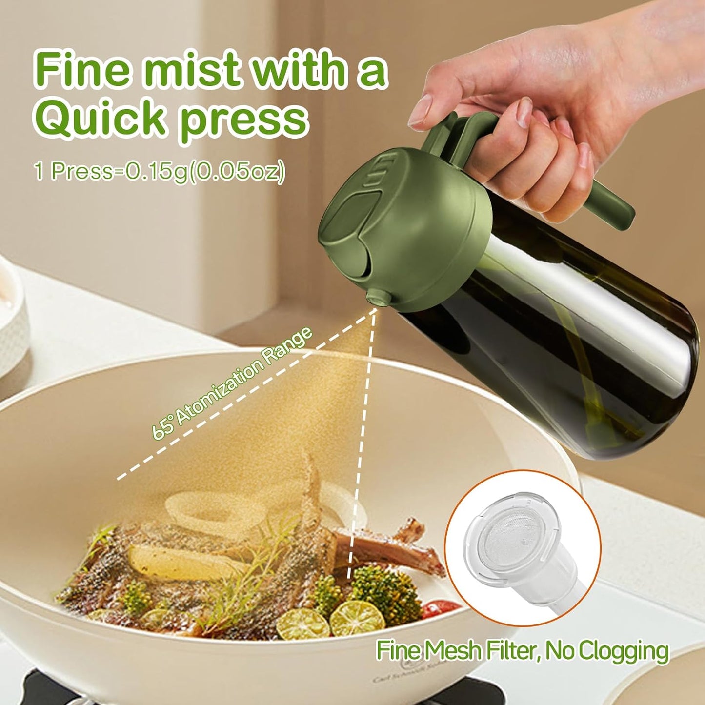 YARRAMATE 2Pcs 16oz/470ml Dark Green Oil Sprayer for Cooking with Stickers, Food-grade Premium 2 in 1 Olive Oil Dispenser Bottle for Kitchen Gadgets, Air Fryer, Salad, Frying, BBQ (Black&OliveGreen)