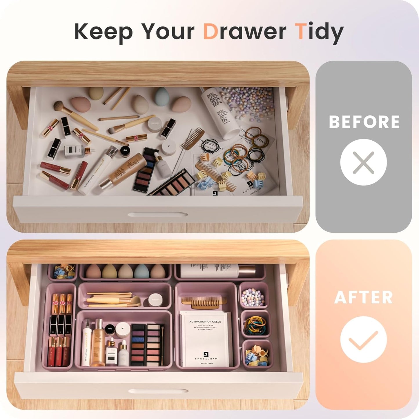 A-LuGei 【28PCS】 Drawer Organizer, Bathroom Organizers and Storage, Makeup organizer, Desk drawer organizer, Storage Bins for Kitchen Office Bedroom Vanity Jewelry Pantry Garage【Purple】【4Size】
