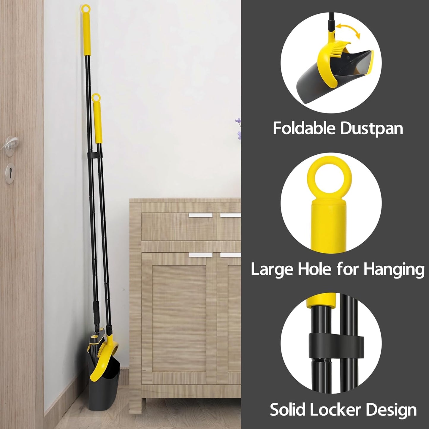 JEHONN Broom and Dust Pan, 54.3 inches Long Handle Swivel Brush, Upright Foldable Dustpan with Comb Teeth for Home Kitchen Lobby Indoor Floor Cleaning (Black & Yellow)