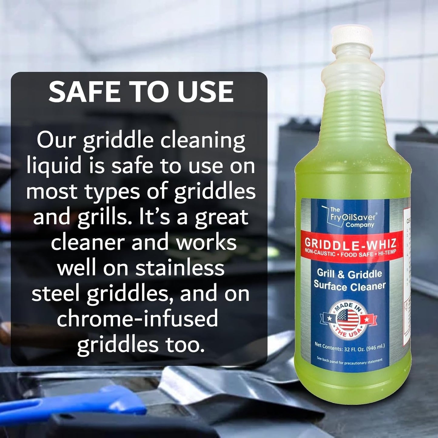 Griddle-Whiz Grill & Griddle Cleaner (4-Pack) | Removes Grease, Food Residue, Burnt On Organics | High Heat Flat Top Grill Cleaner, Food Contact Surface | Non-Caustic Formula by FryOilSaver (32oz)