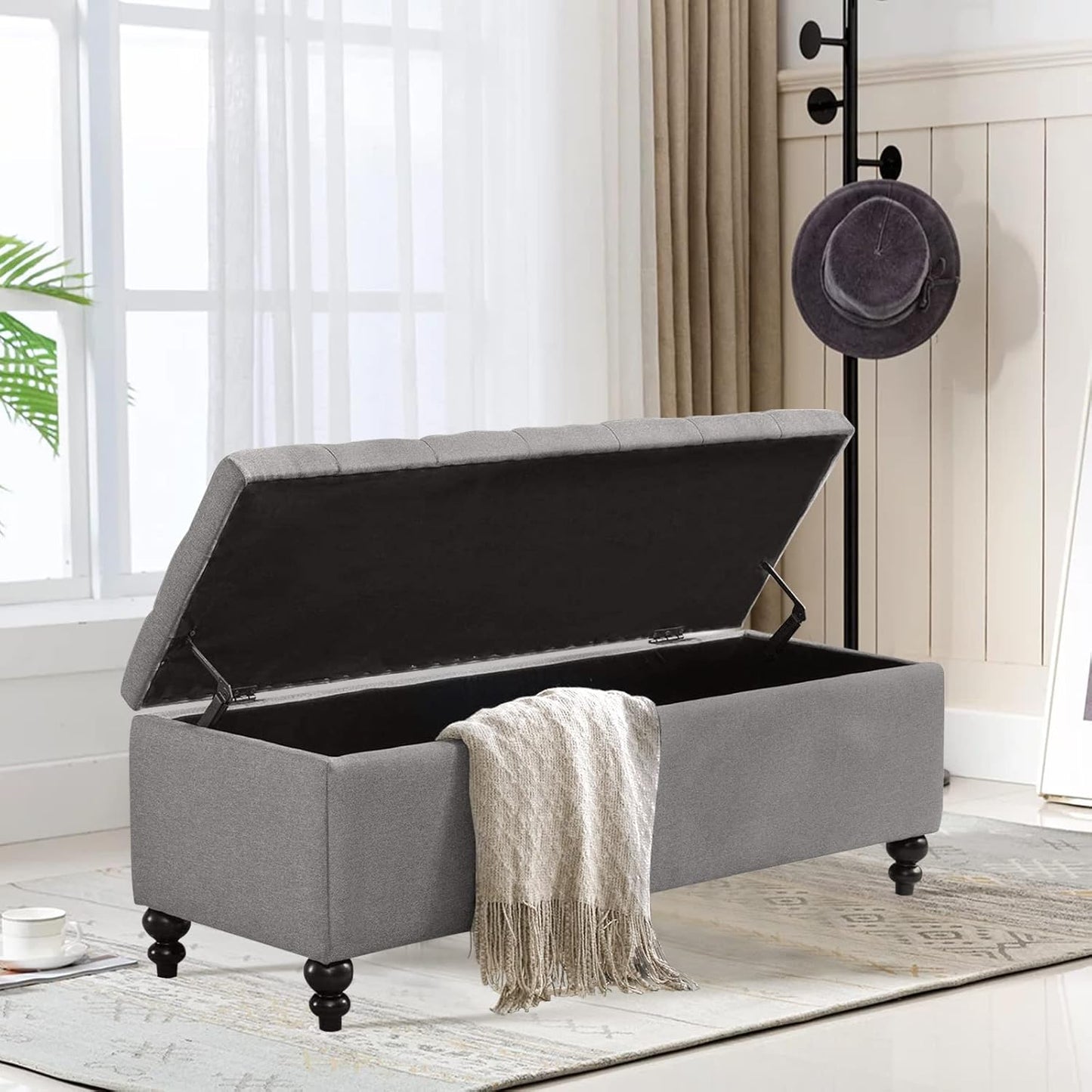 Storage Ottoman 50.2 Inches Upholstered Fabric Storage Ottoman Bench，Button Tufted Ottoman with Storage for Living Room，Bedroom End of Bed Bench Withstands 301lbs(Grey-TP)