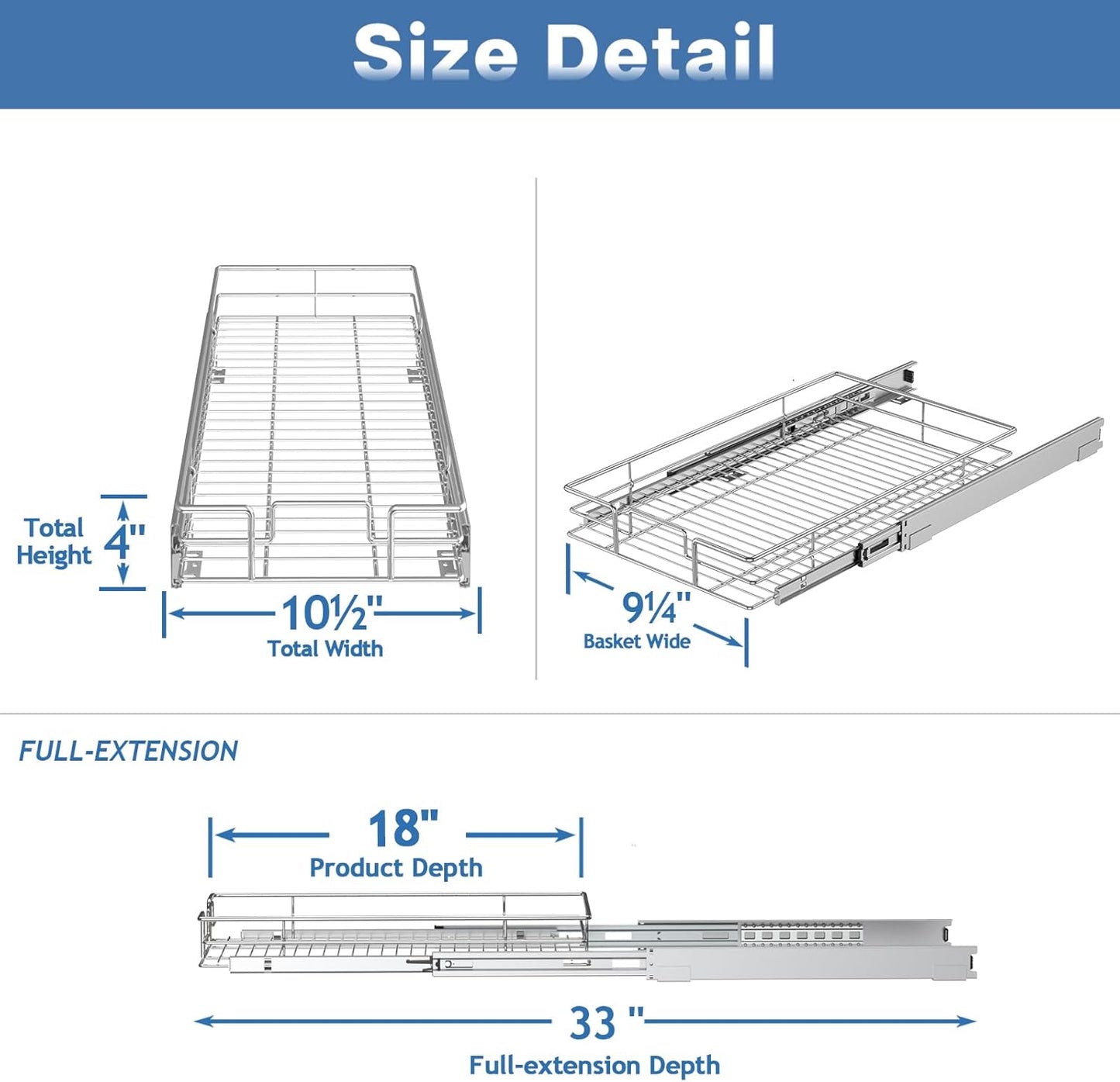Pull Out Cabinet Organizer 10½" W x 18" D, Heavy Duty Cabinet Pull Out Shelves, Slide Out Drawers Organization for Kitchen Cabinets Bathroom