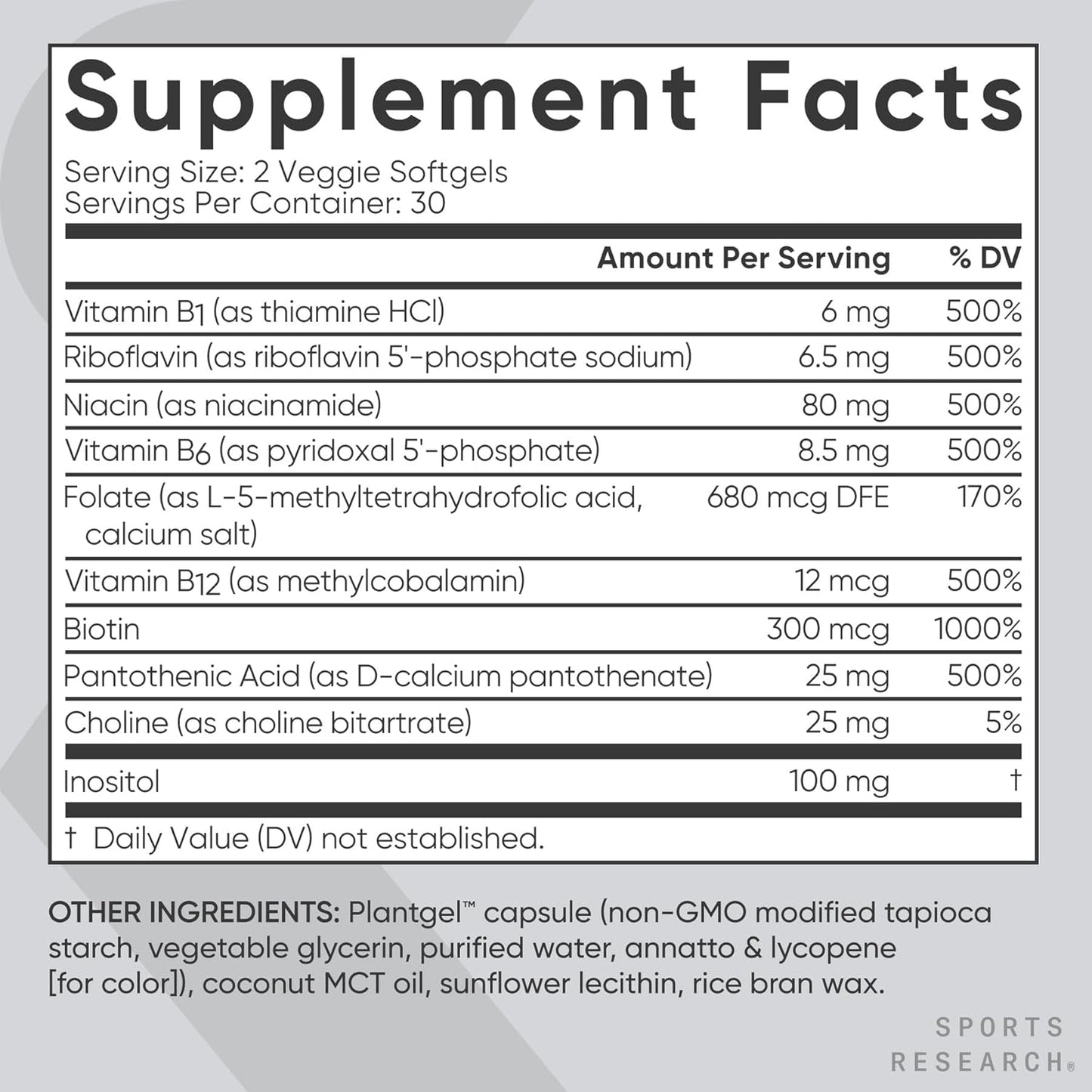 Sports Research® Vitamin B-Complex - Full Spectrum of B Vitamins with Methylated B12 & Folate - Gluten Free · Plant-Based · Non-GMO · Vegan-Friendly Formula - 60 Veggie Softgels