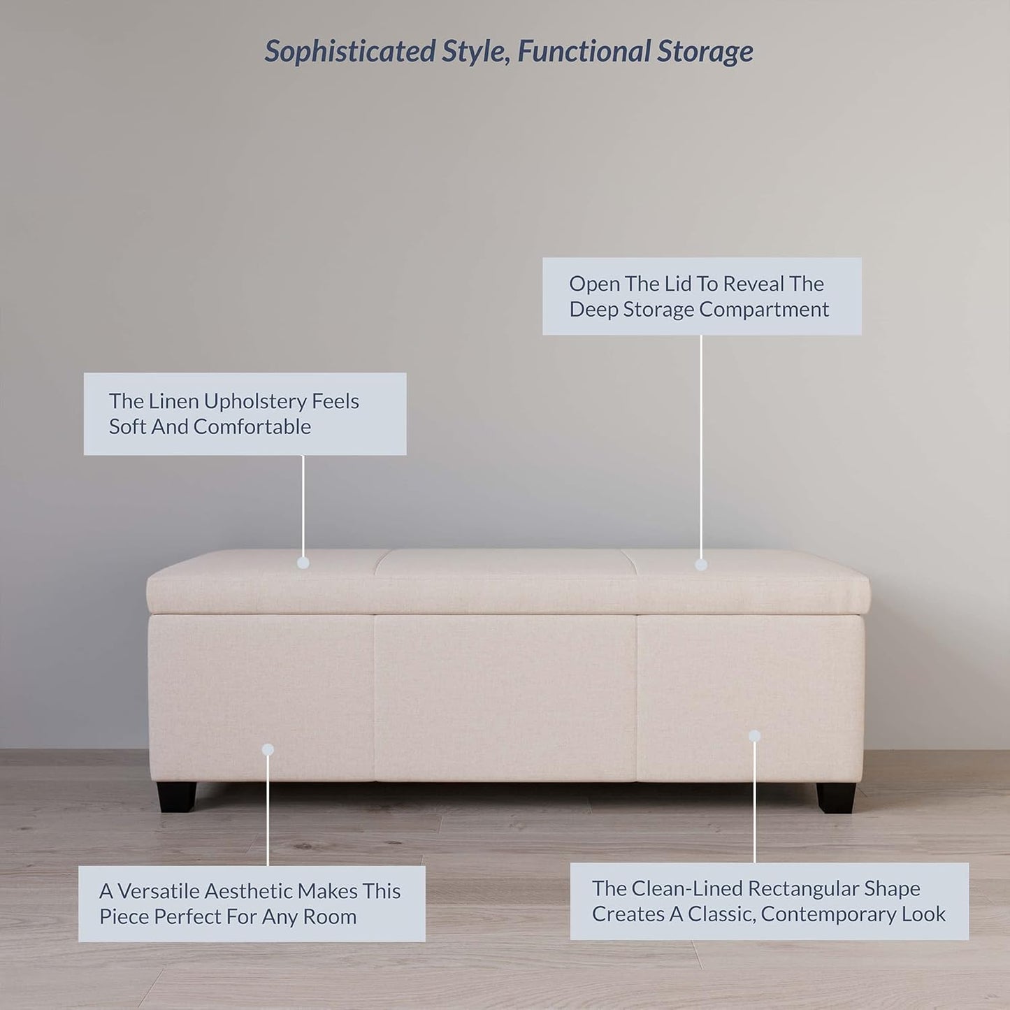 BELLEZE Storage Faux Leather Ottoman, 47 Inch Bench Bedroom Bench with Safety Close Hinge, Extra Long Ottoman with Storage for Living Room, Entryway, Hallway, Foot Rest, Support 300lbs - Beige