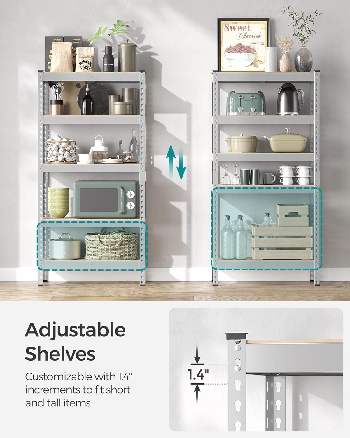 SONGMICS 5-Tier Storage Shelves, Load 2310 lb, Set of 2 Garage Storage, Boltless Assembly, Adjustable Shelving Unit, 11.8 x 29.5 x 59.1 Inches, for Study Shed Basement, Silver UGLR300E02