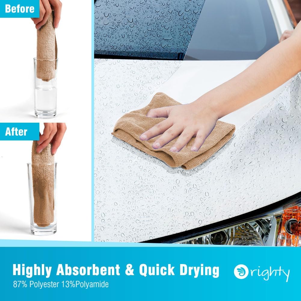 Orighty Microfiber Cleaning Cloth, 12 Pack Microfiber Towels for Cars, Highly Absorbent Car Cleaning Supplies, Lint Free Cloths Clean Rags for Car Care, House, Kitchen, 12x12 inch, Brown