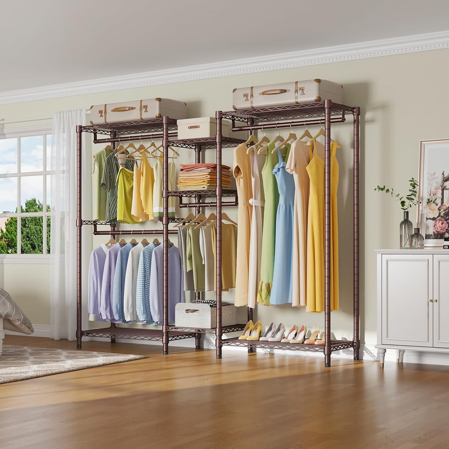 VIPEK Classic V6 Wire Garment Rack Heavy Duty Clothes Rack for Hanging Clothes, 5 Tiers Freestanding Closet Rack Large Size Metal Clothing Rack with 7 Shelves & 4 Hanging Rods, Max Load 850LBS, Bronze