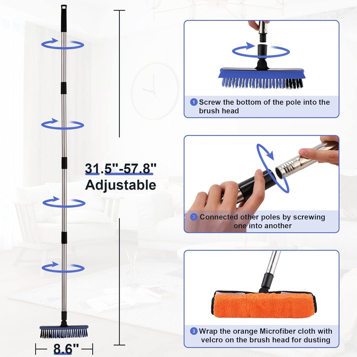 2 in 1 Floor Scrub Brush Grout Brush with 57.8" Long Handle,120°Rotatable Shower Tile Grout Scrubber,V-Shaped Corner Brush for Hard to Reach Areas (Blue)