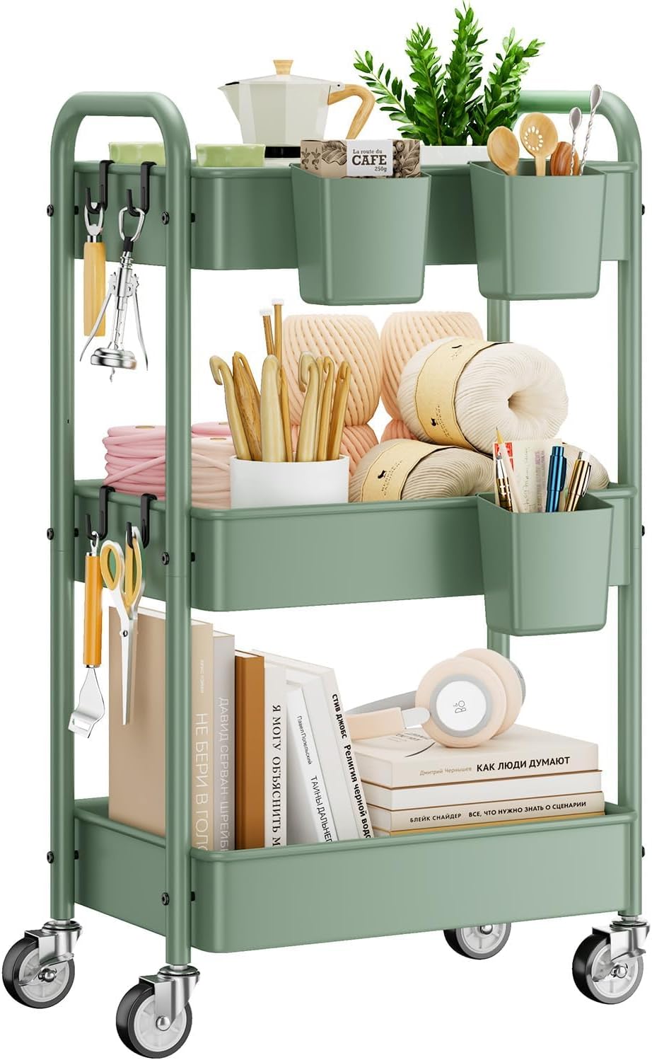 YASONIC 3-Tier Rolling Cart, Green, 66 Pounds Capacity, Mesh Storage Organizer with Lockable Wheels, 3 Hanging Cups, 4 Hooks, Easy Assembly, for Kitchen, Bathroom, Laundry, Grocery